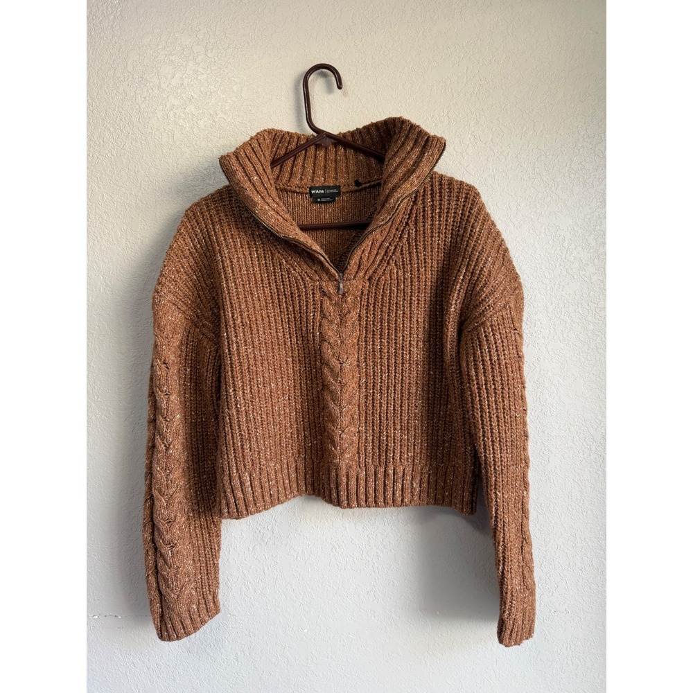 Prana Brown Cable Knit Quarter Zip Cropped Wool Silk Blend Sweater Womens Medium